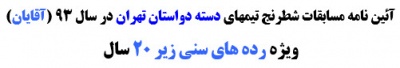 آئین نامه مسابقات شطرنج تیمهای دسته دواستان تهران در سال 93 (آقایان)  ویژه رده های سنی زیر 20 سال